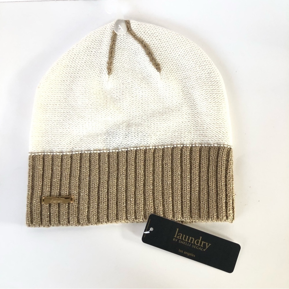 LAUNDRY BY SHELLI SEGAL Alpaca Wool Blend Ribbed Gold Shimmering Trim Beanie OS - Picture 12 of 14